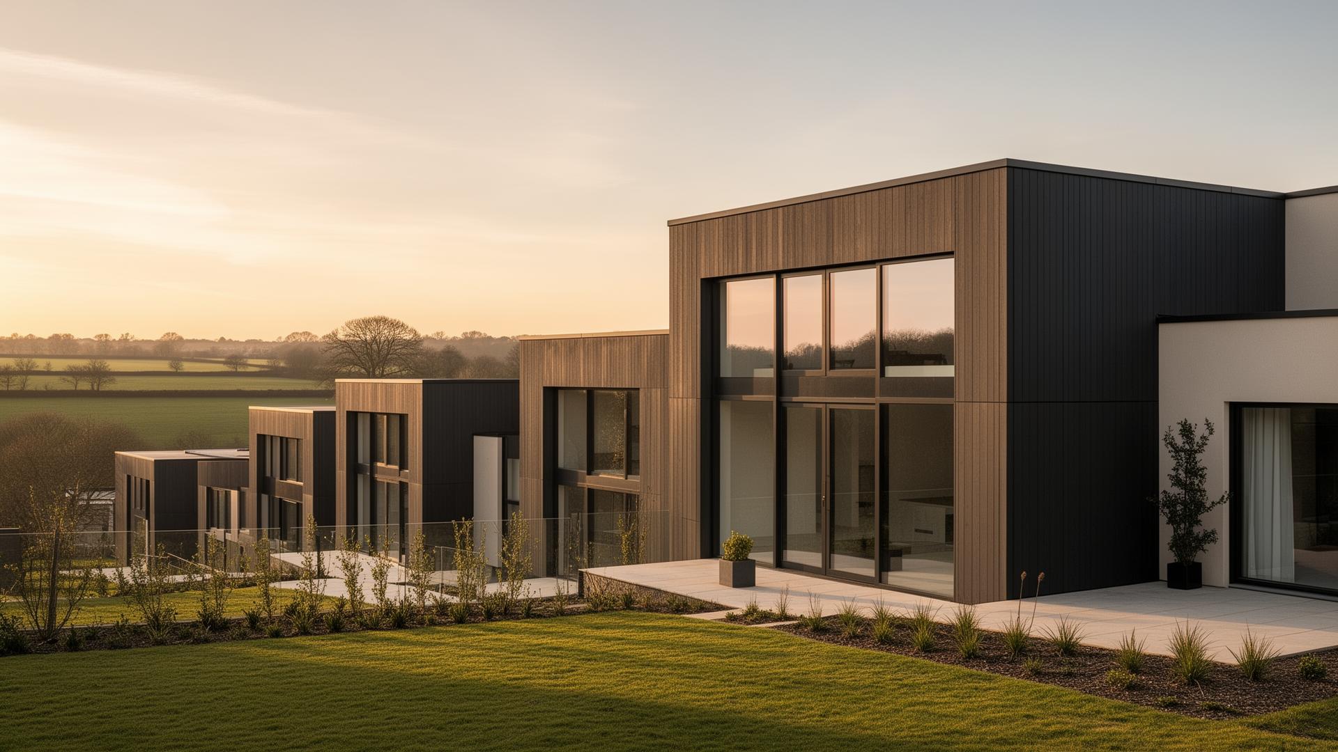 Modern new build homes development at golden hour